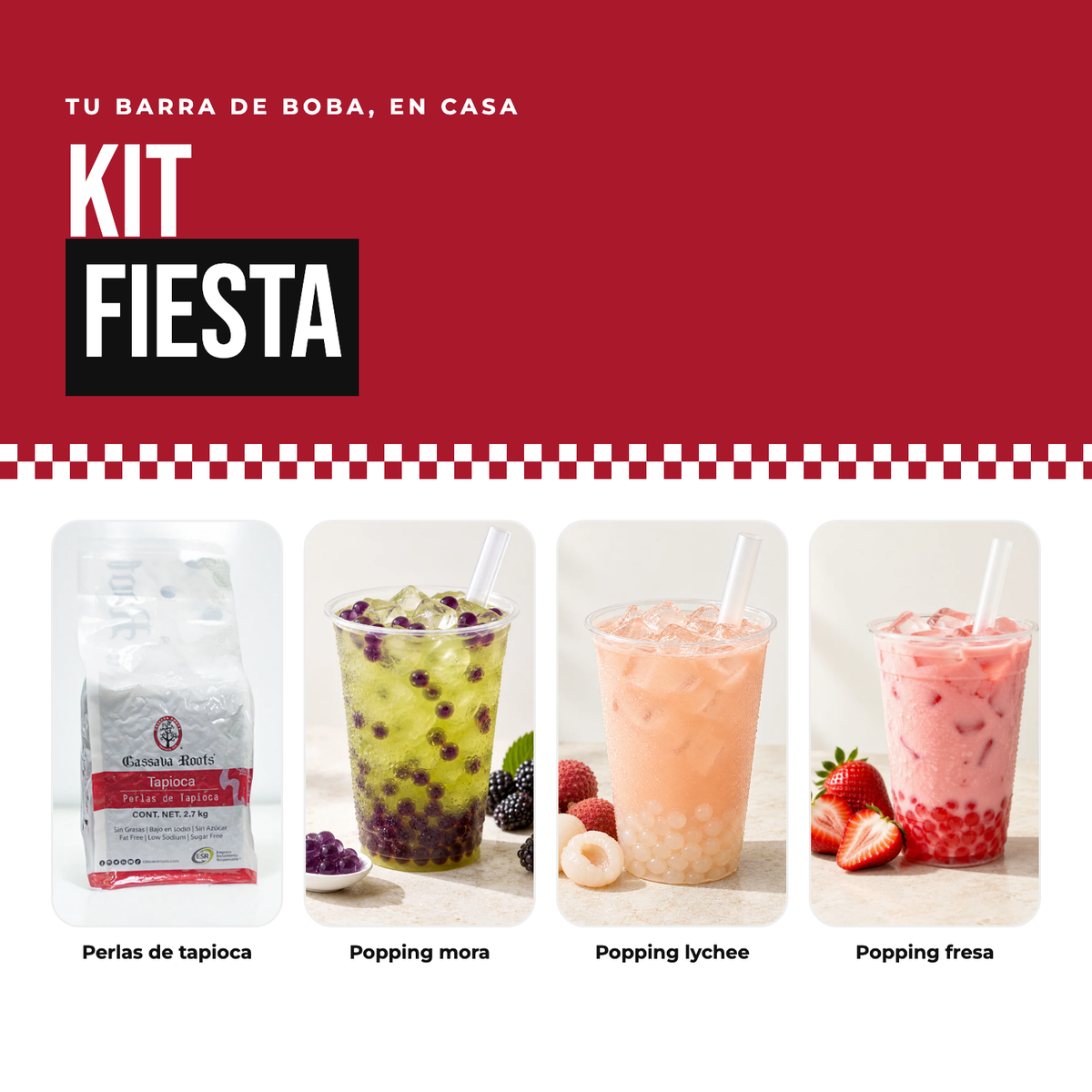 Kit Fiesta Cassava Roots: perlas de tapioca y popping boba de mora, lychee y fresa