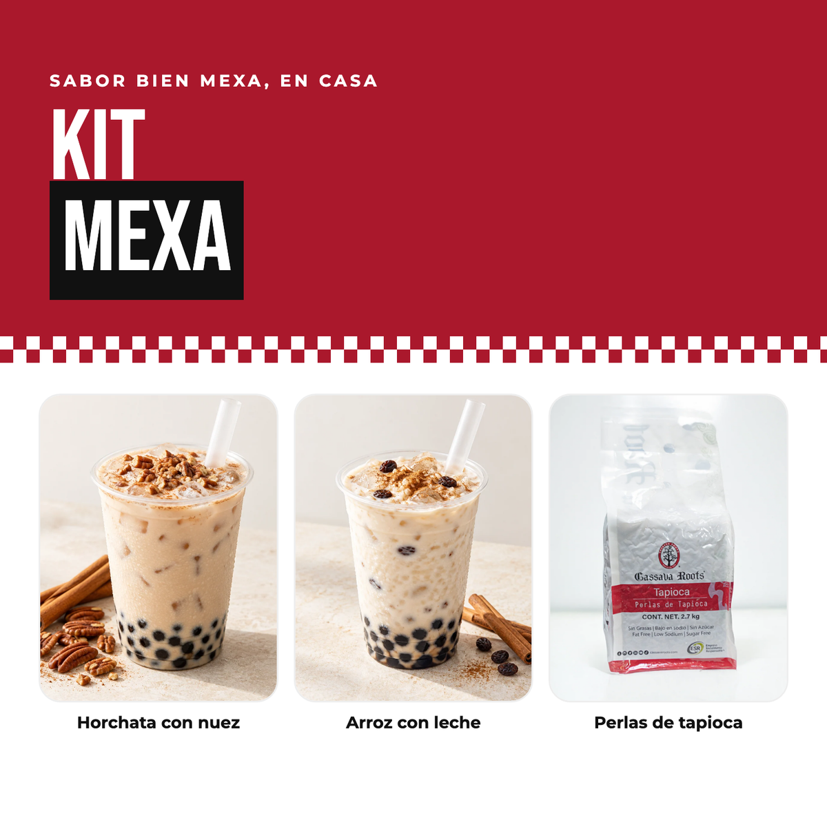 Kit Mexa Cassava Roots: horchata con nuez, arroz con leche y perlas de tapioca